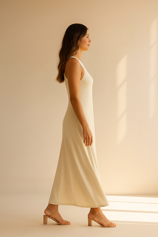 Beżowa sukienka maxi na ramiączkach z okrągłym dekoltem