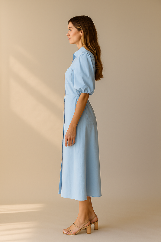 Niebieska koszulowa sukienka midi z krótkim rękawem bufką