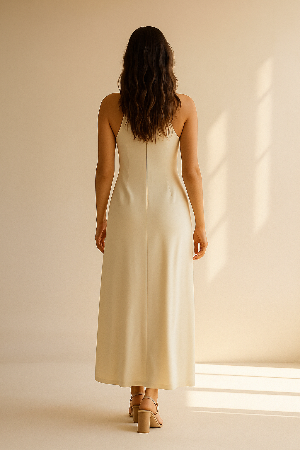 Beżowa sukienka maxi na ramiączkach z okrągłym dekoltem