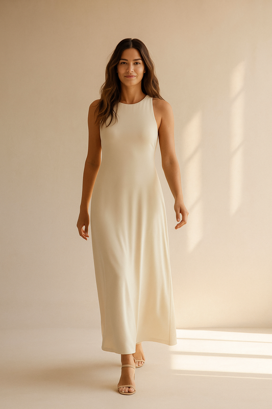 Beżowa sukienka maxi na ramiączkach z okrągłym dekoltem