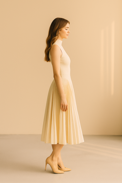 Beżowa sukienka midi bez rękawów z plisowanym dołem