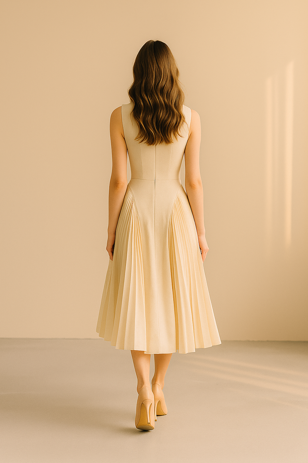 Beżowa sukienka midi bez rękawów z plisowanym dołem