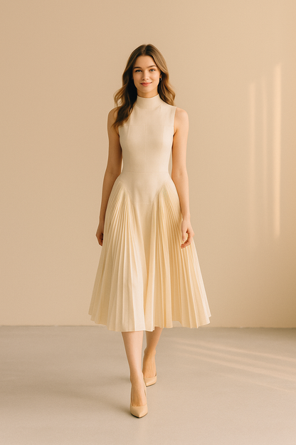 Beżowa sukienka midi bez rękawów z plisowanym dołem