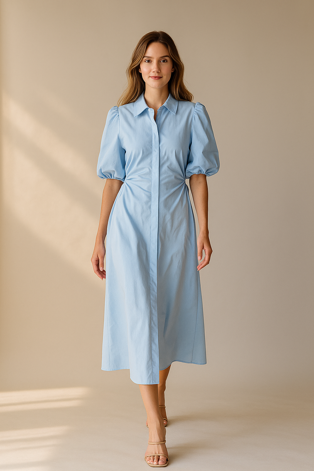 Niebieska koszulowa sukienka midi z krótkim rękawem bufką